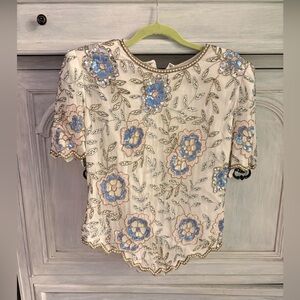 Laurence‎ Kazar Ivory Multicolor Floral Sequined Beaded Pearl Silk Blouse Luxury